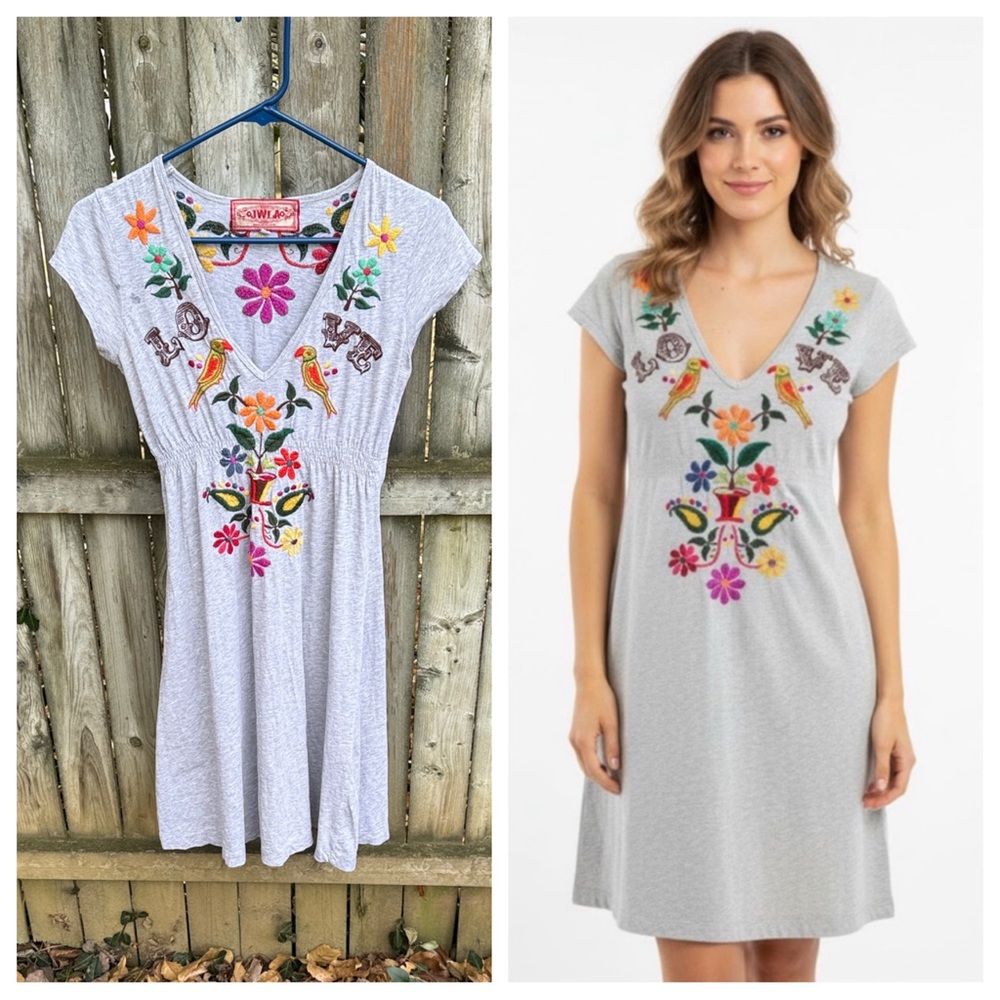 Johnny Was JWLA Embroidered LOVE Birds Floral V-neck Cotton Cap Sleeve Dress XS